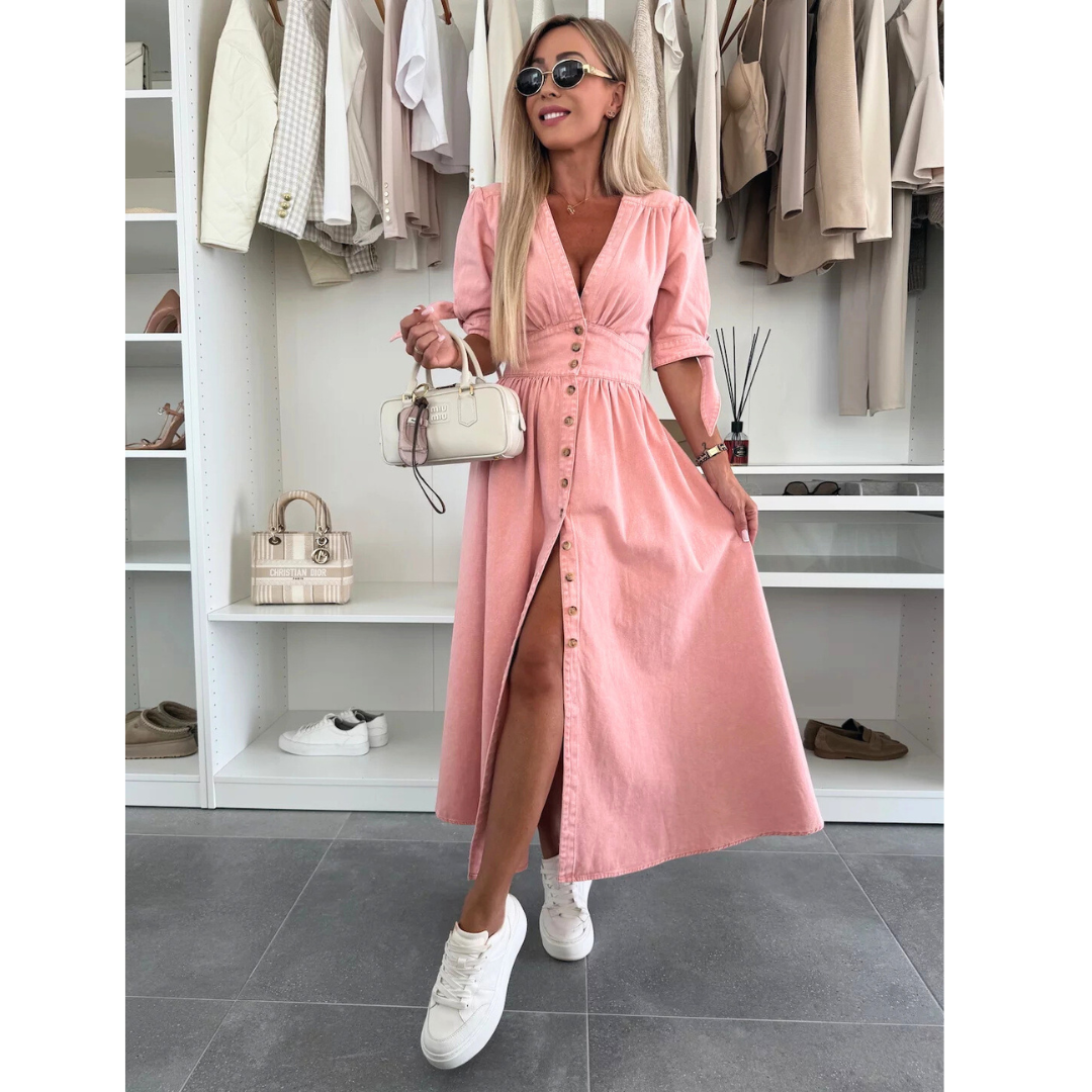 Maelle | Vestido Midi Elegante de Mezclilla con Cuello en V