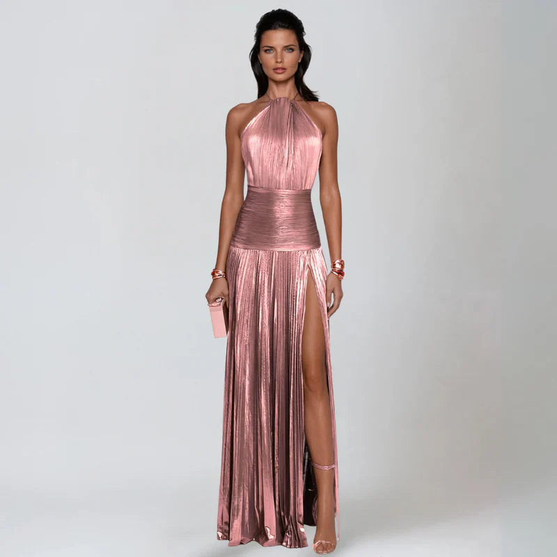 Emma | Vestido Halter Metálico con Espalda Descubierta