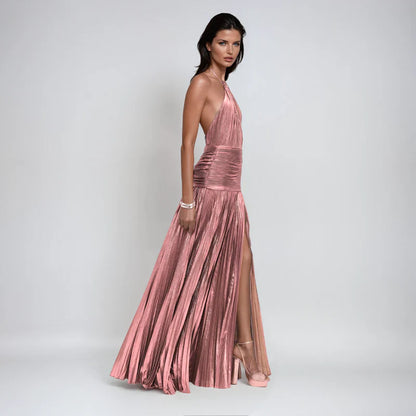 Emma | Vestido Halter Metálico con Espalda Descubierta